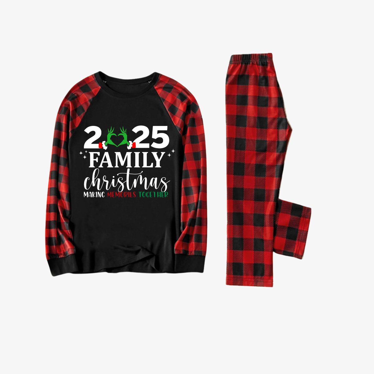 "2025 Family Christmas" Quirky Heart Letter Print Black & Red Plaid Family Matching Black Pajamas