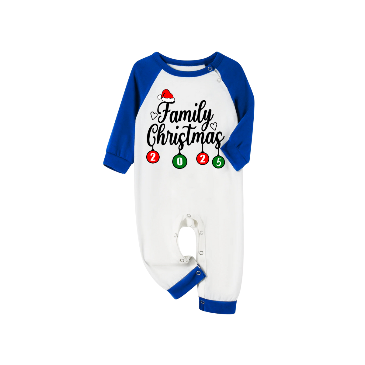 Family Christmas 2025 Family Pajamas Set - White Top Blue Sleeves Blue Plaid Pants Santa Hat and Heart Graphic