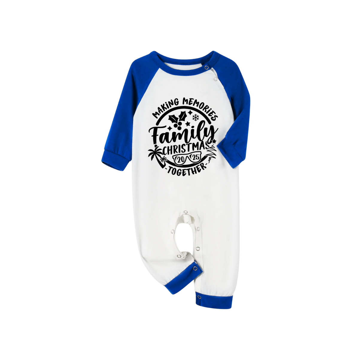Making Memories Together Family Christmas 2025 Pajamas Set - White Top Blue Sleeves Blue Plaid Pants Black Text Graphic