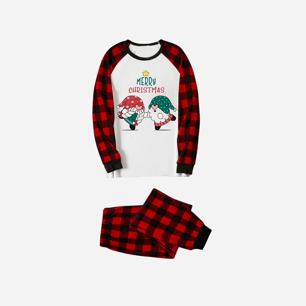 Red and Black Plaid Christmas Pajamas Set With Gnome and Merry Christmas Text Print