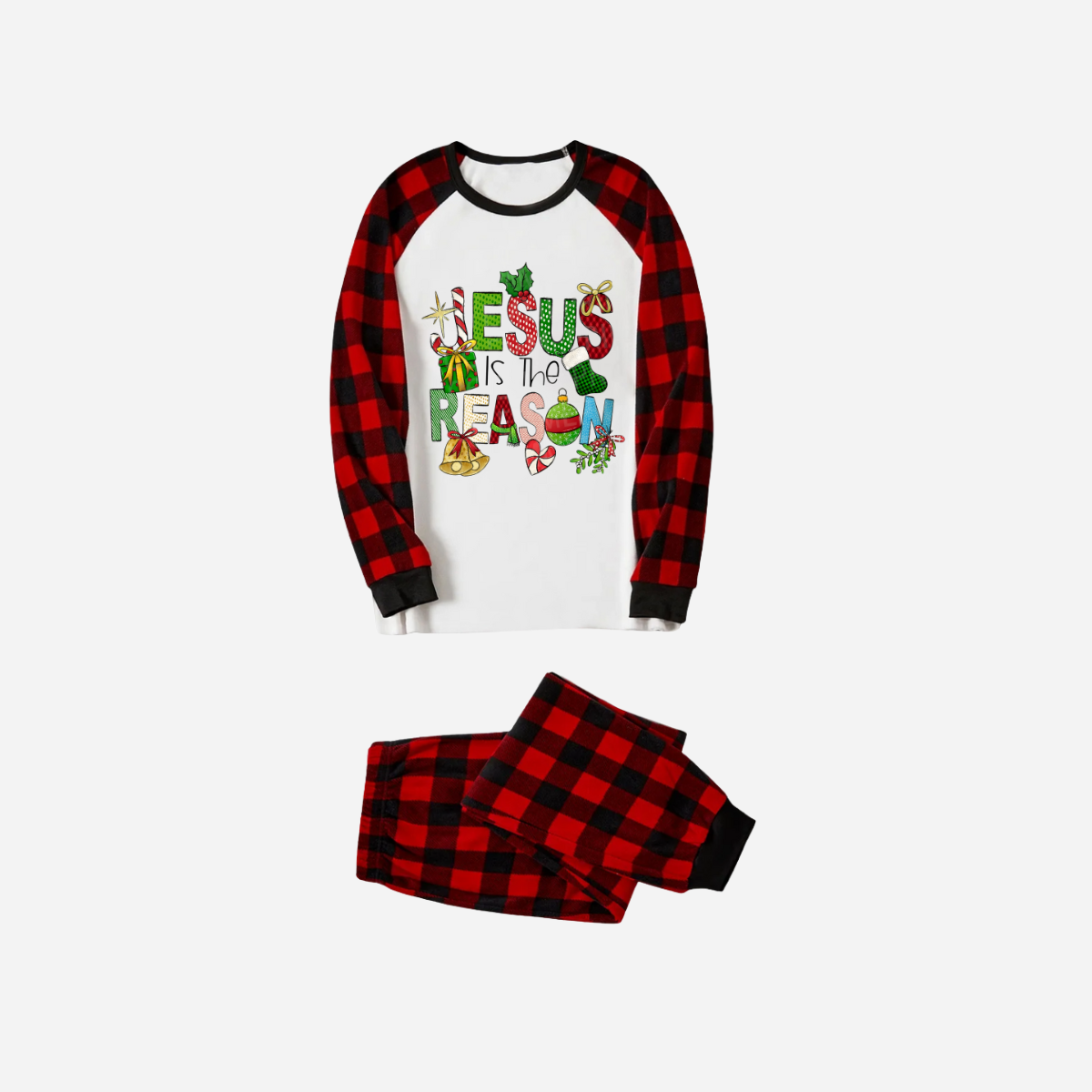 Christmas Cartoon Family Christmas Pajamas Set - White Top with Red Plaid Sleeves and Red Plaid Pants and “Jesus is the Reason” Design