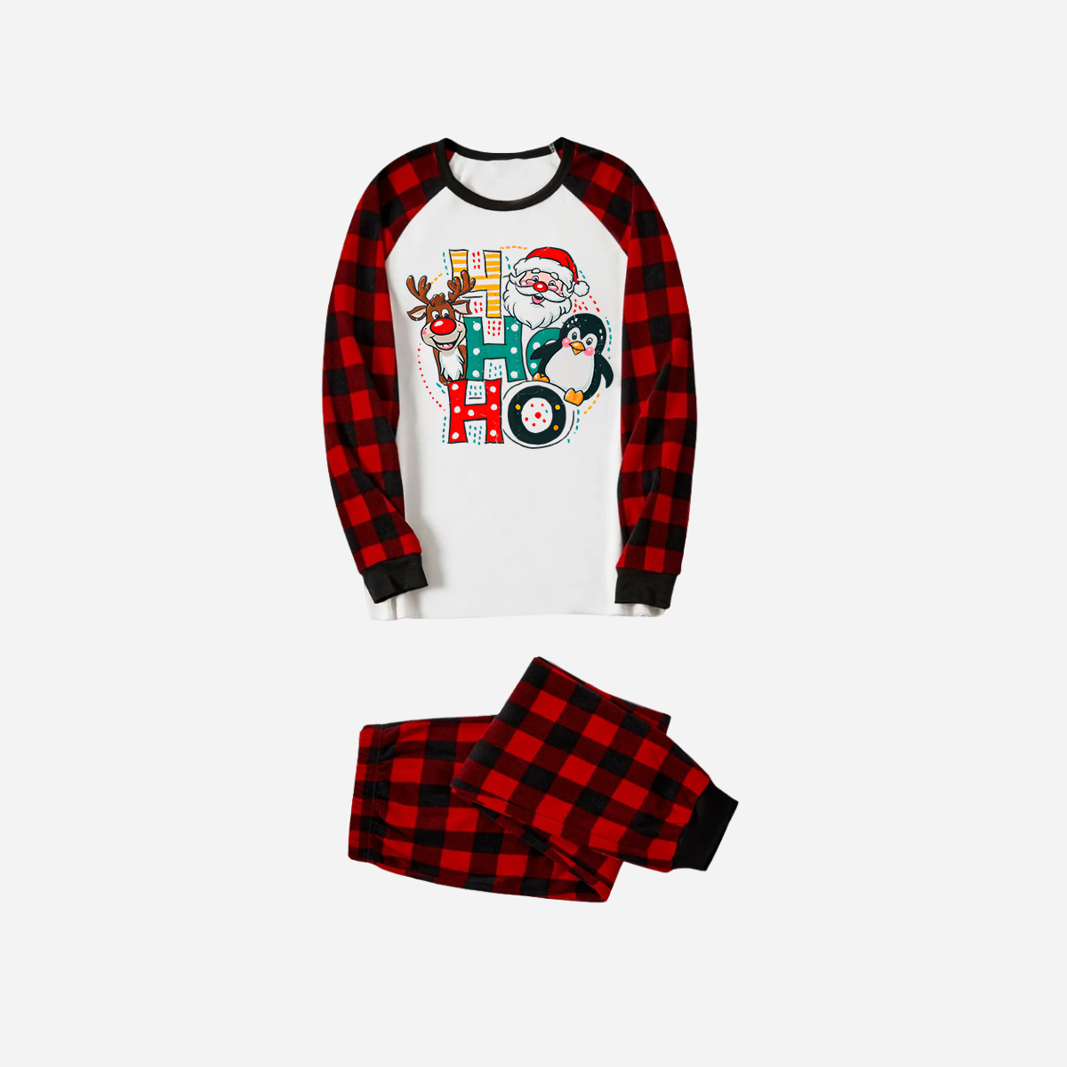 Red and Black Plaid Christmas Pajamas Set With "HO HO HO" Pattern Print