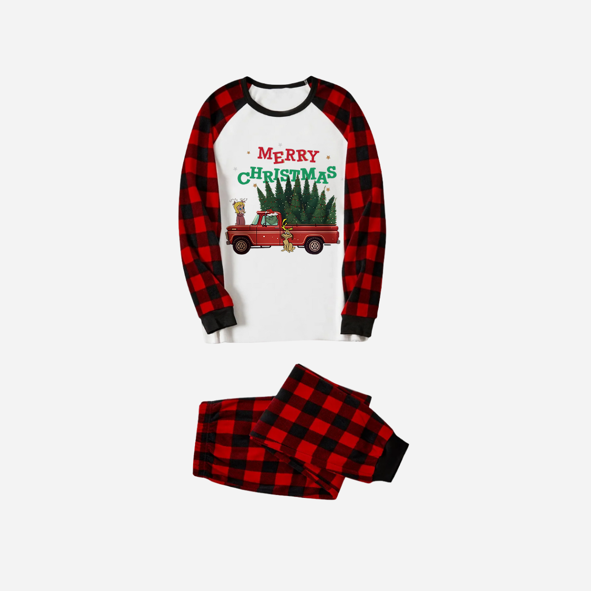 Red and Black Plaid Christmas Pajamas Set With "Merry Christmas" and Christmas Tree Print
