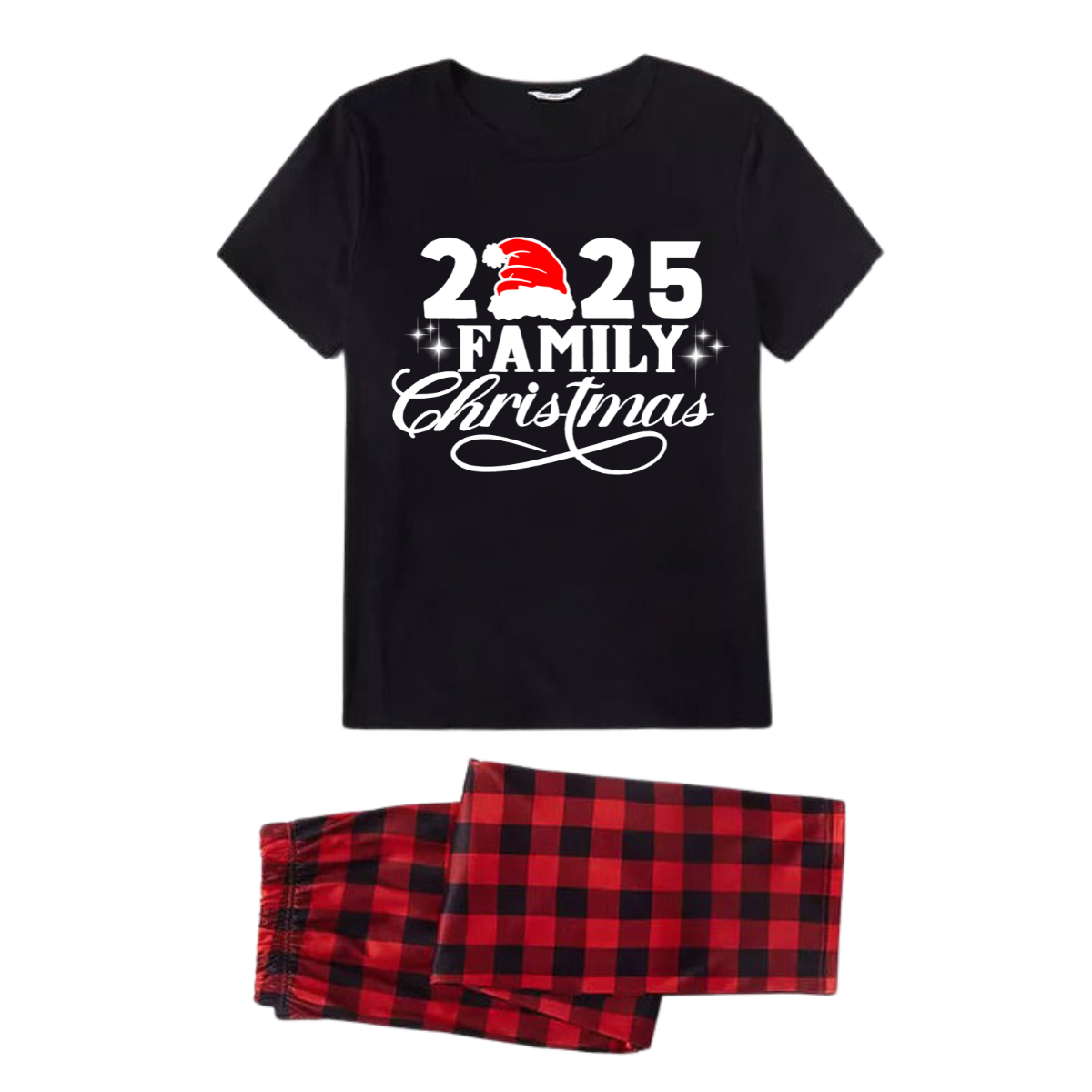"2025 Family Christmas" Letter Print Black Short Sleeve with Red & Black Plaid Pant Family Matching Pajamas