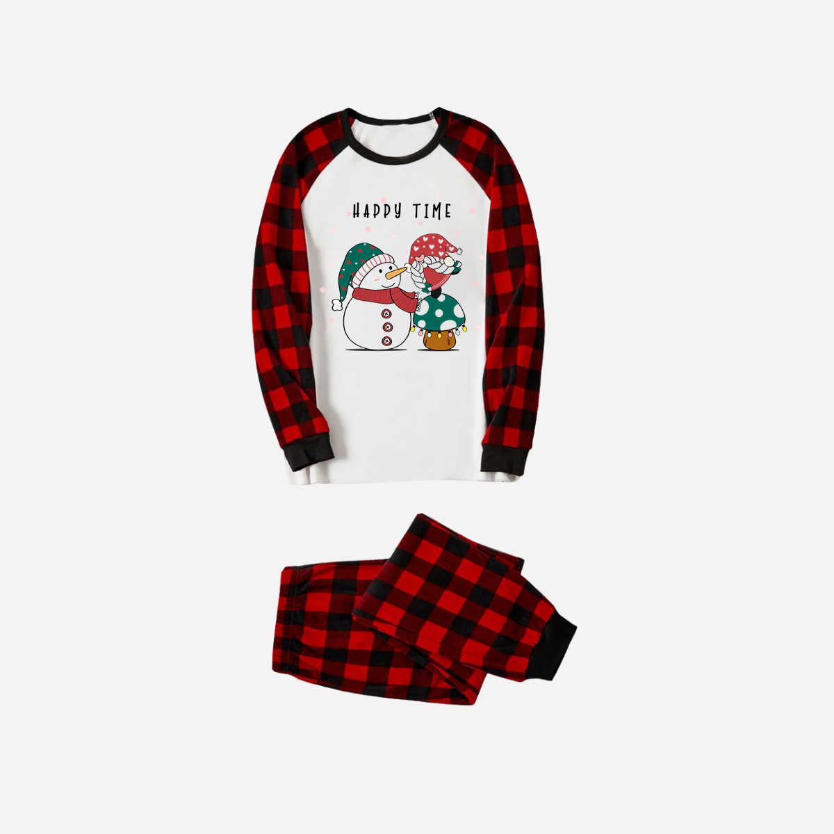 Red and Black Plaid Christmas Pajamas Set With Snowman and Gnome and "Happy Time" Text Print