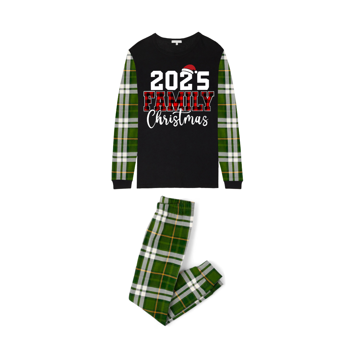 2025 Family Christmas Family Pajamas Set - Black Top, Green Pants, Green Buffalo Plaid Sleeves, Letter Print