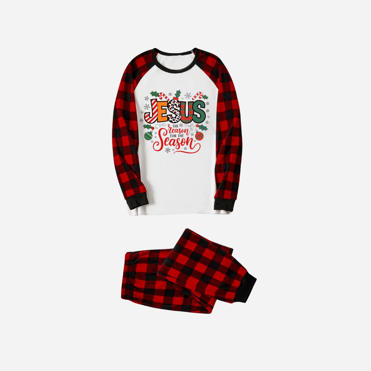 "Jesus is the REASON for the Season" Matching Christmas Pajamas Set - Black and Red Plaid Pajamas
