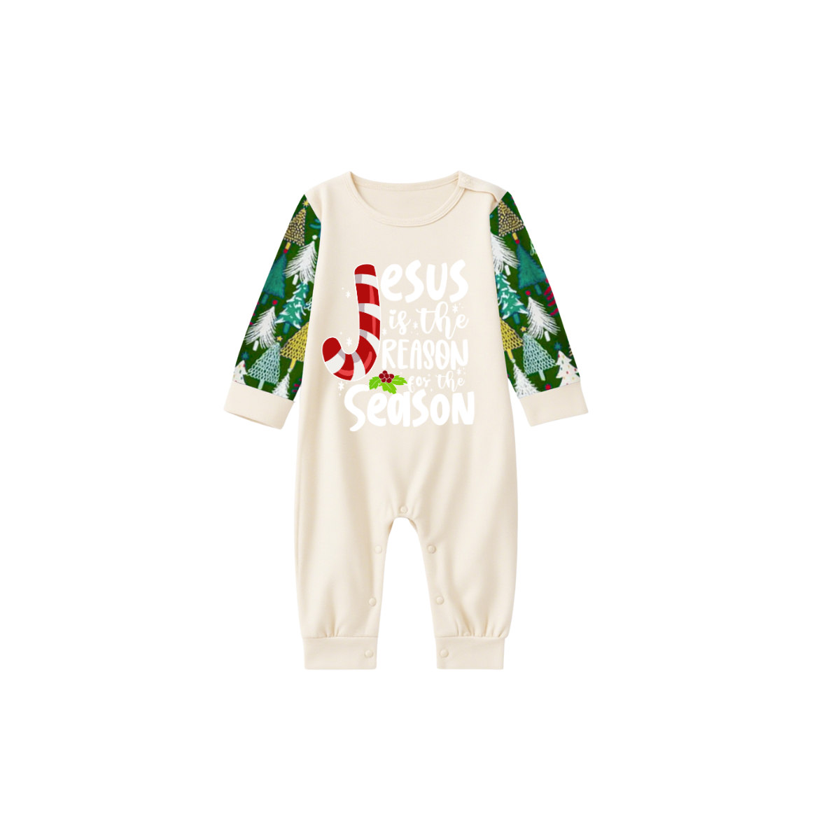 Jesus is the Reason Pajama Set with Festive Christmas Trees and Candy Cane