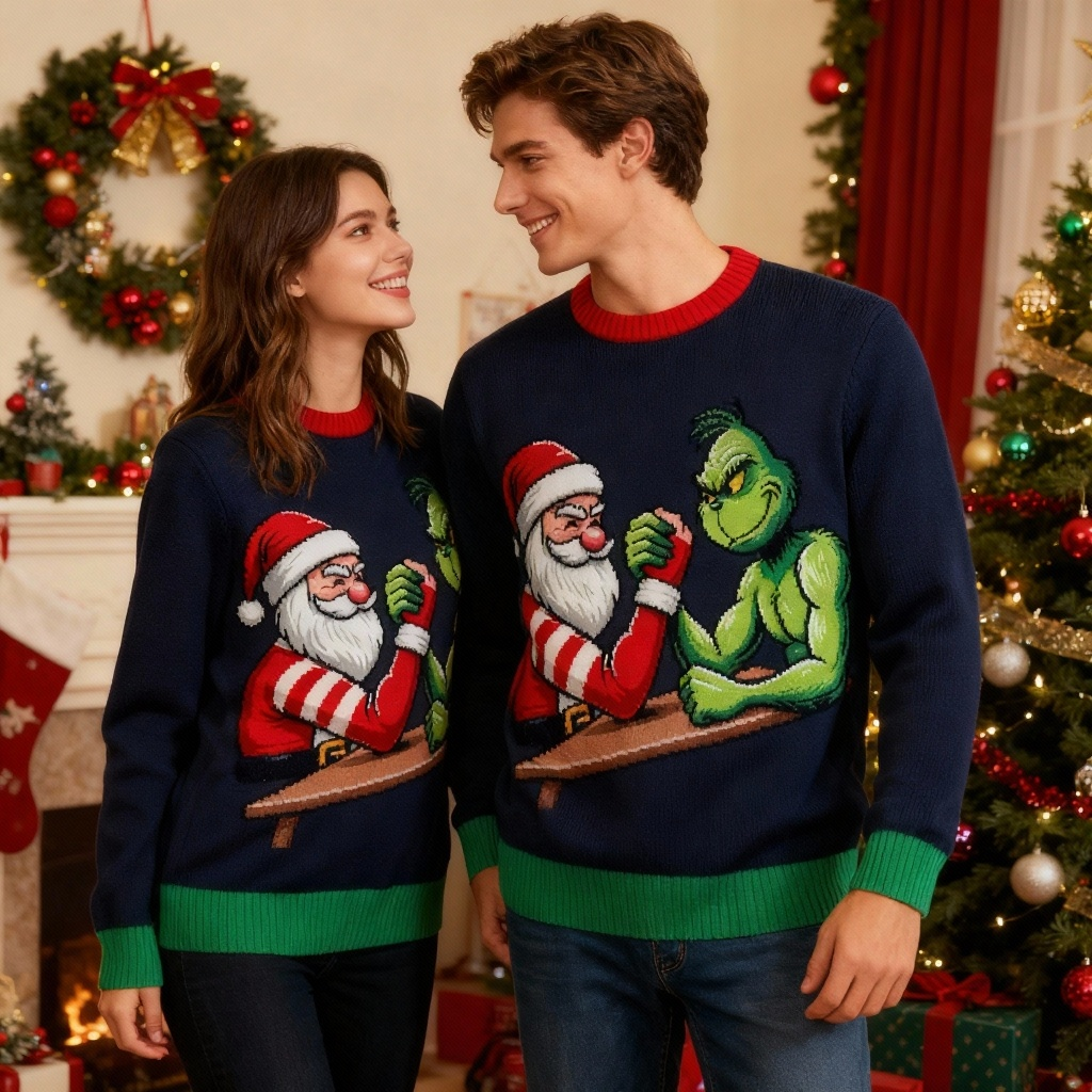 Wacky Cartoon Pattern Print Holiday Sweater - Intentional Festive Quirk