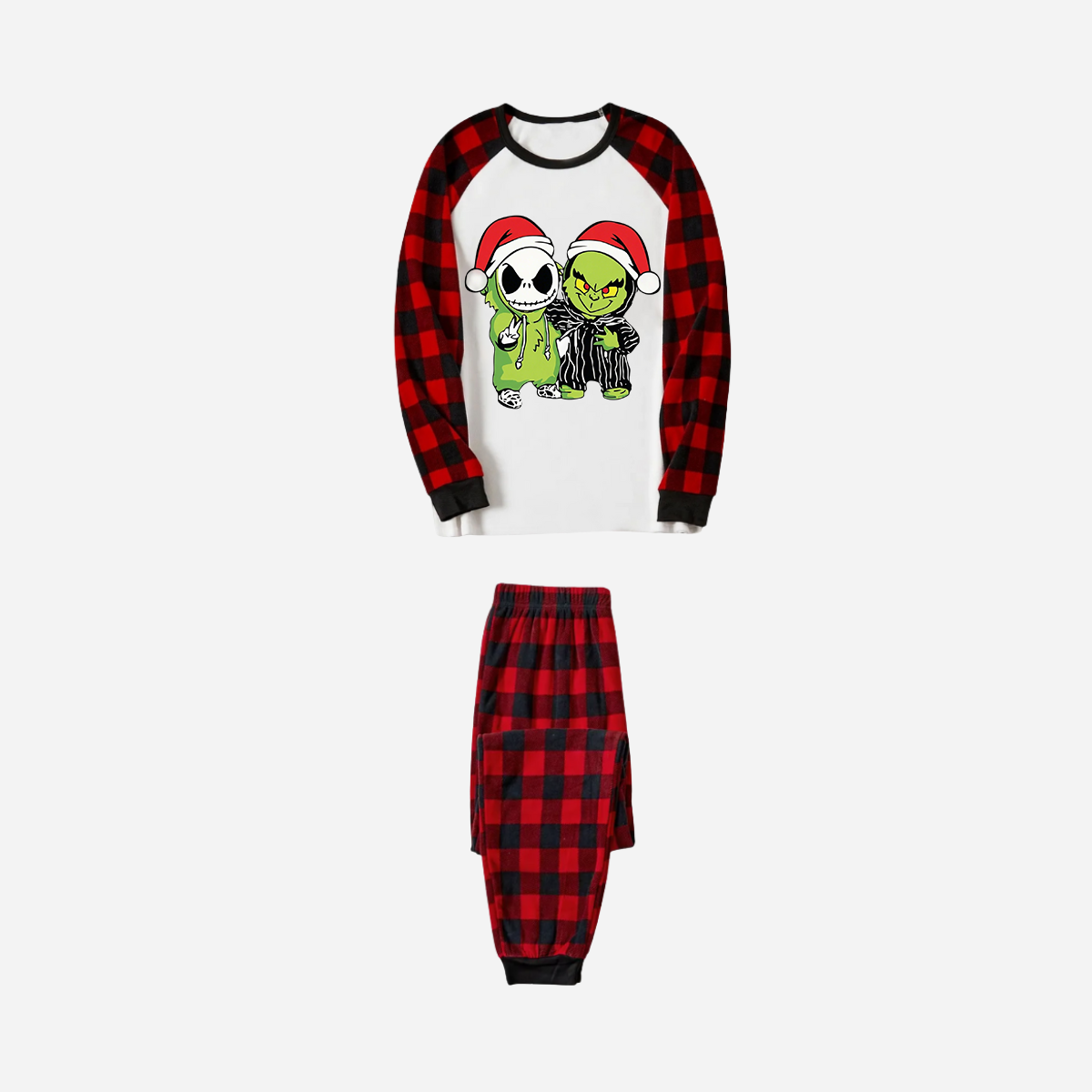 Red and Black Plaid Christmas Pajamas Set With Grinch and Cartoon Pattern Print