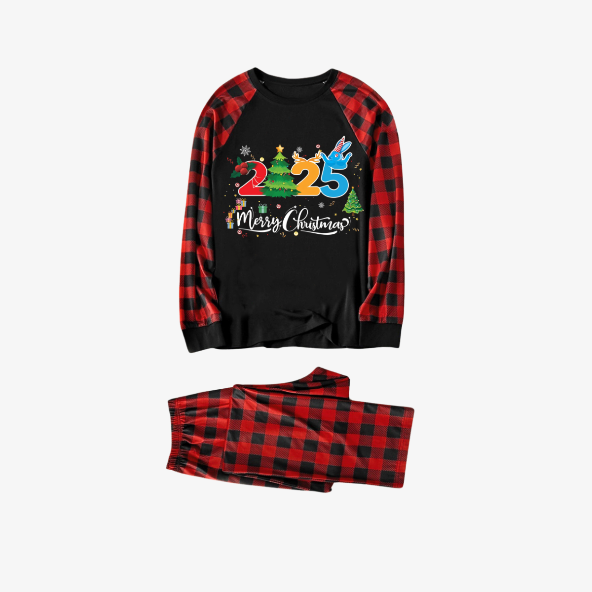 Red and Black Plaid Christmas Pajamas Set With "2025 Merry Christmas" Text Print