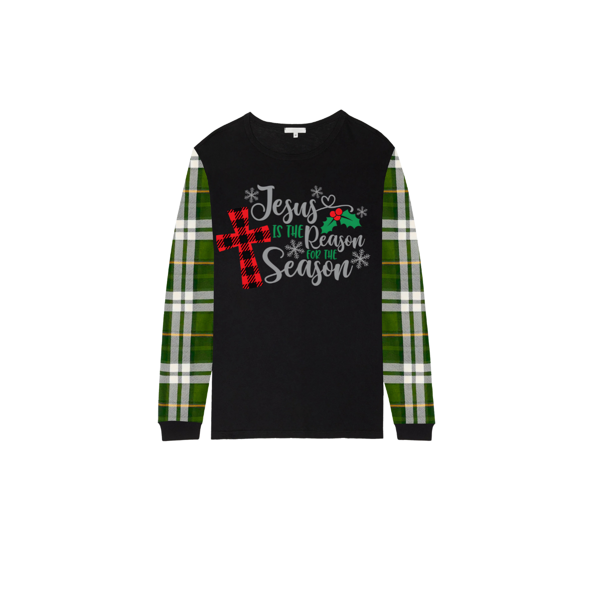 Jesus Is the Reason Family Christmas Pajamas Set Matching Black & Green Plaid
