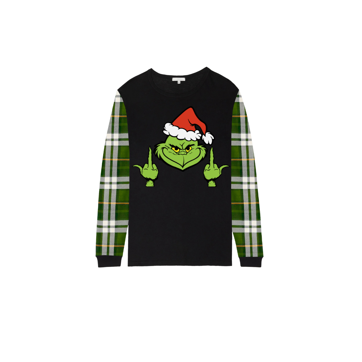 Grinch Santa Middle Finger Family Christmas Pajamas Black Top with Green Plaid Pants