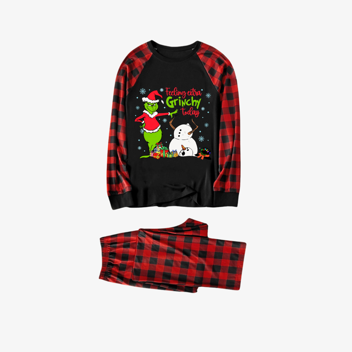 Red and Black Plaid Christmas Pajamas Set With Grinch and Snowman Print