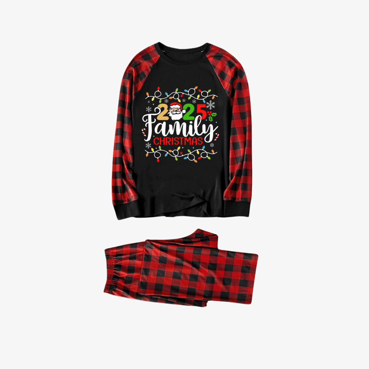 Red and Black Plaid Christmas Pajamas Set With Christmas Light and "2025 Family Christmas" Text Print