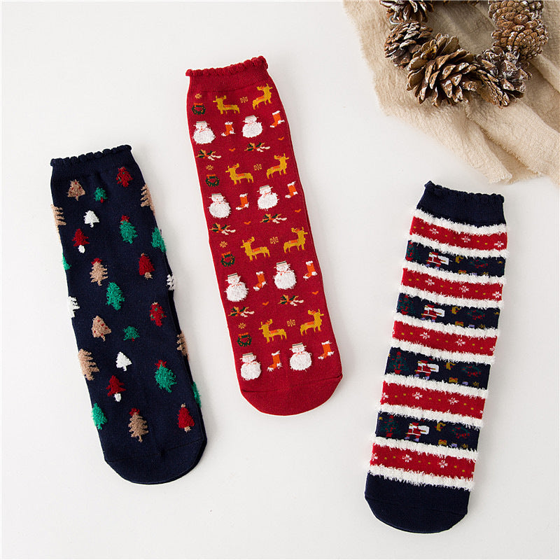 Women Christmas Socks Cute Cartoon Elk Socks 3 Pairs EJ518
