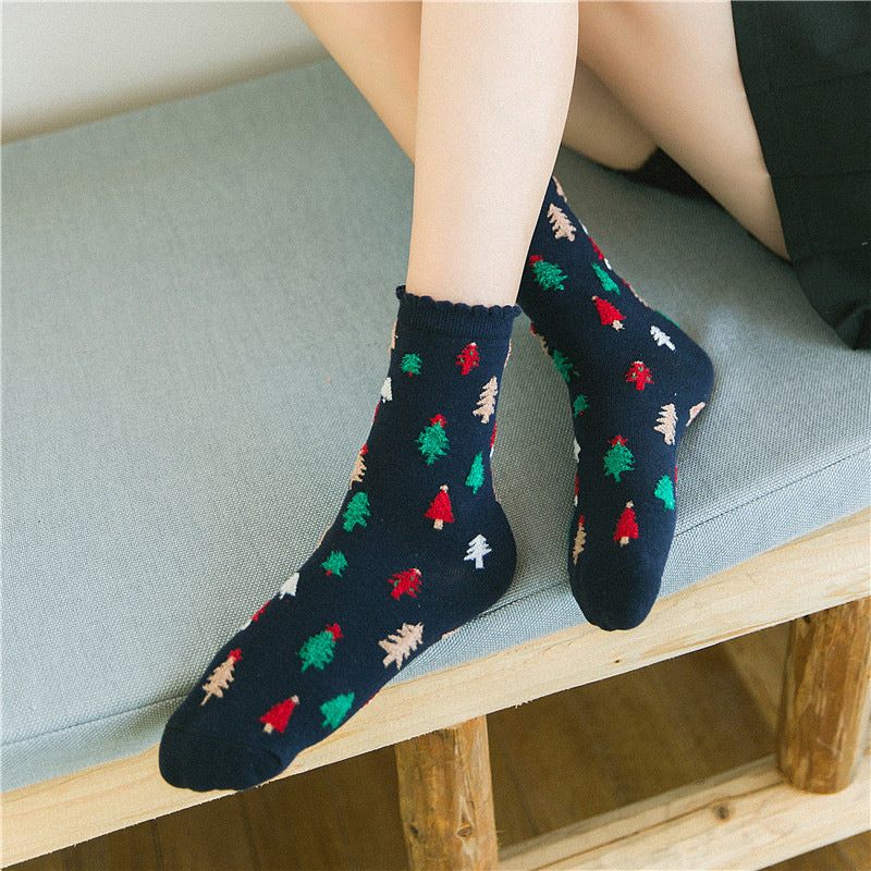 Women Christmas Socks Cute Cartoon Elk Socks 3 Pairs EJ518