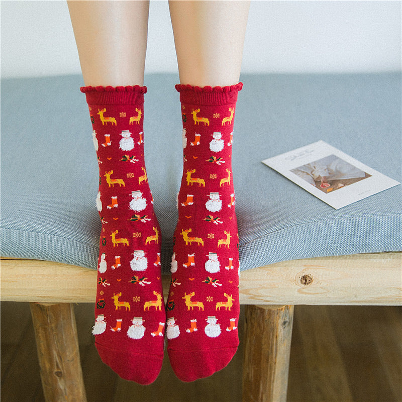 Women Christmas Socks Cute Cartoon Elk Socks 3 Pairs EJ518