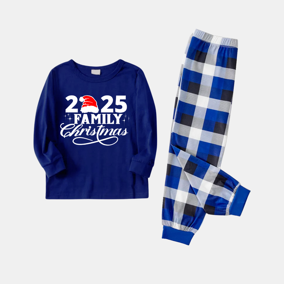 "2025 Family Christmas" Text Print Blue Long Sleeves with Blue&White&Black Plaid Pants Family Matching Pajamas