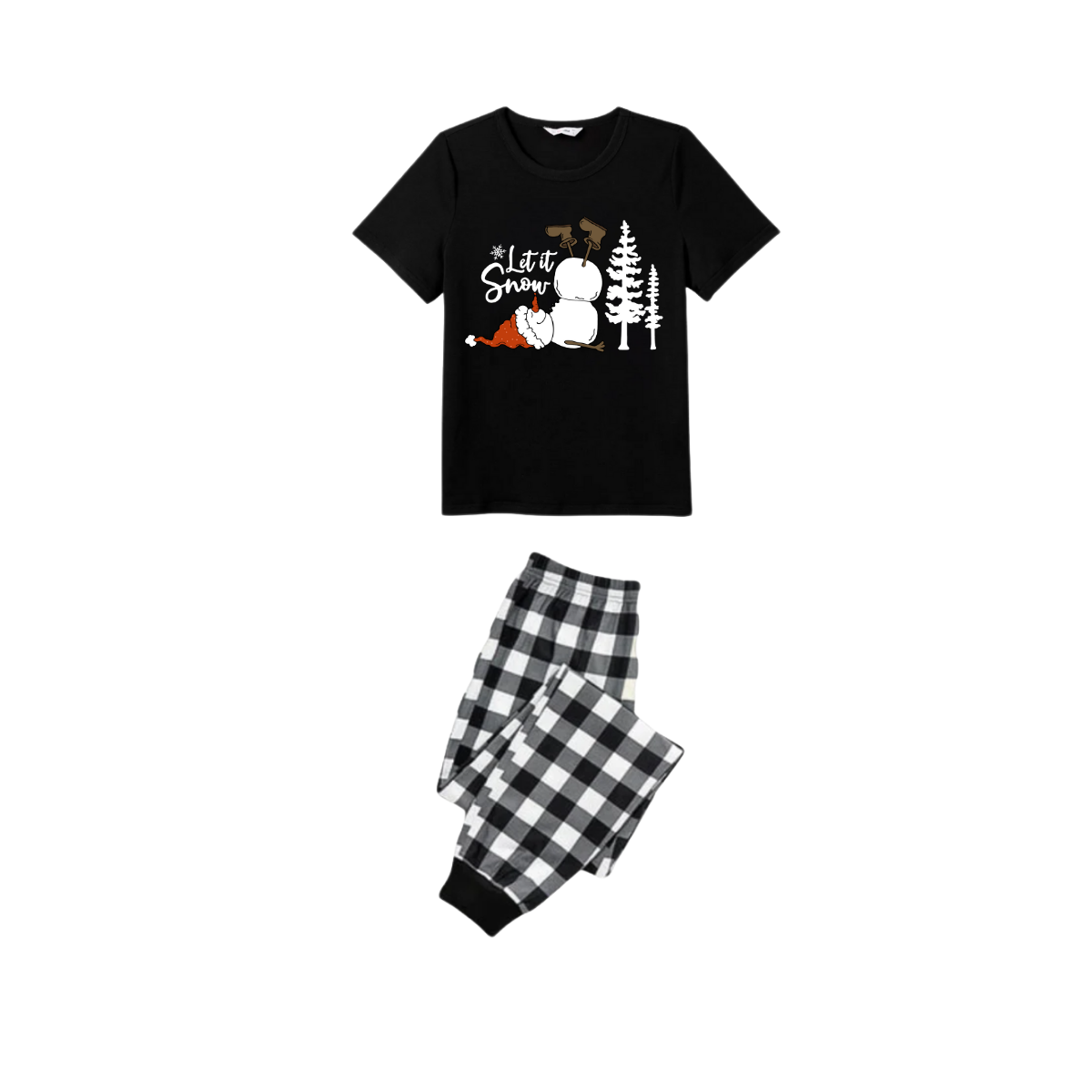 Let it Snow Snowman Family Christmas Pajamas Set - Black Top Black and White Plaid Pants White Text Graphic