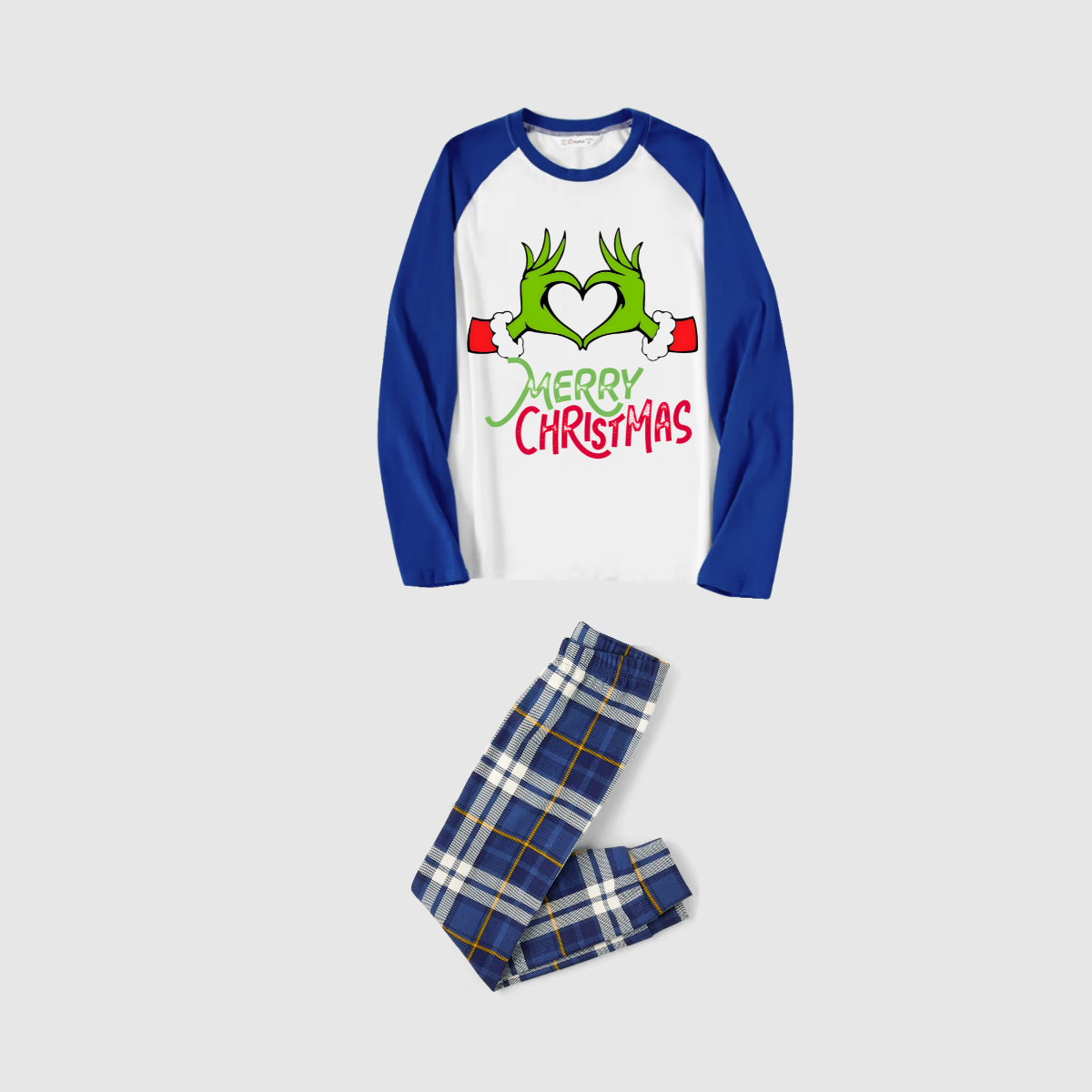 Merry Christmas 2025 Making Memories Family Pajamas Set - White Top, Blue Pants, Blue-Green Plaid Sleeves