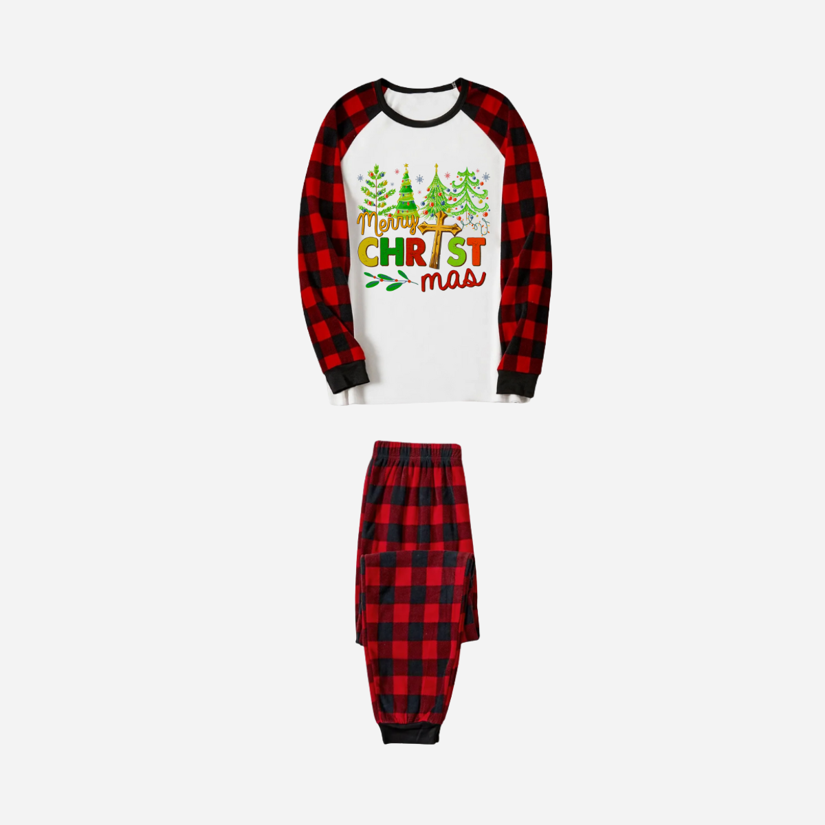 Merry Christmas Trees Family Christmas Pajamas Set - White Top with Red Plaid Sleeves and Red Plaid Pants
