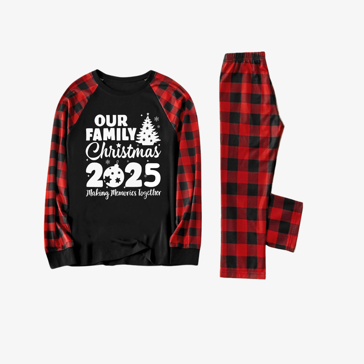 Christmas Tree & "2025 Making Memories Together" Patterned Contrast top and Black & Red Plaid Pants Family Matching Pajamas Set