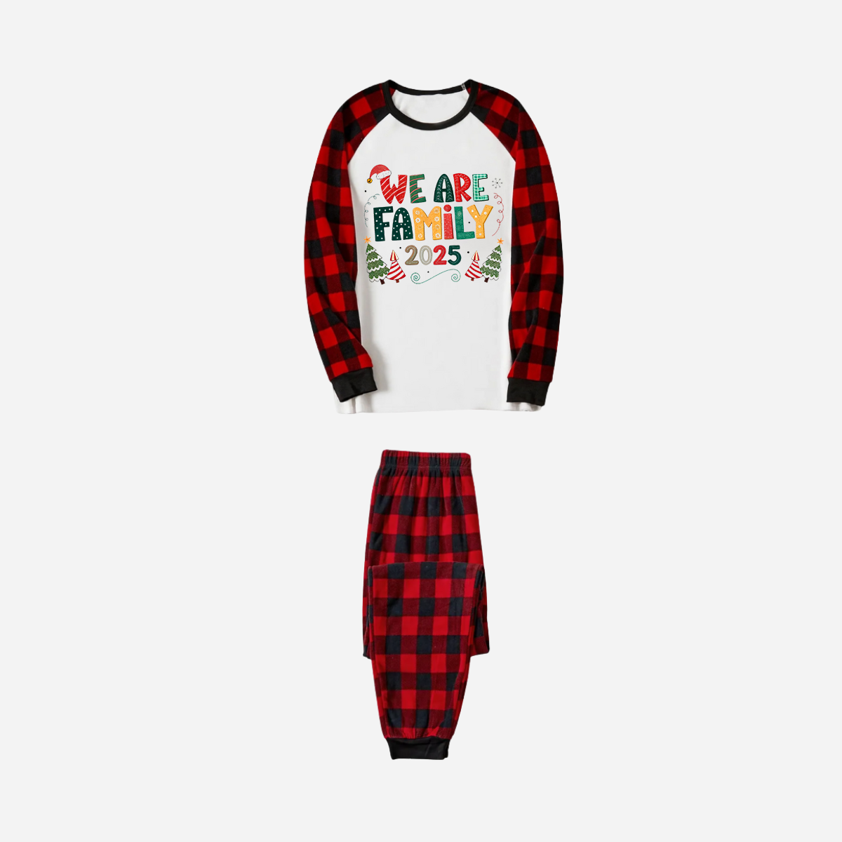Red and Black Plaid Christmas Pajamas Set With "We are Family" Colorful Text Print