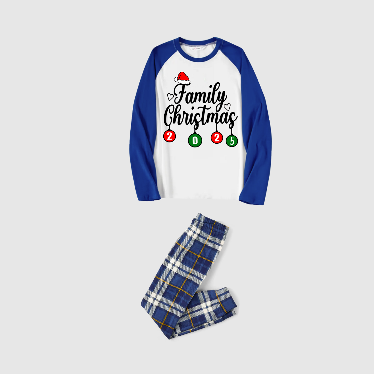 Family Christmas 2025 Pajamas Set - White Top / Green Buffalo Plaid