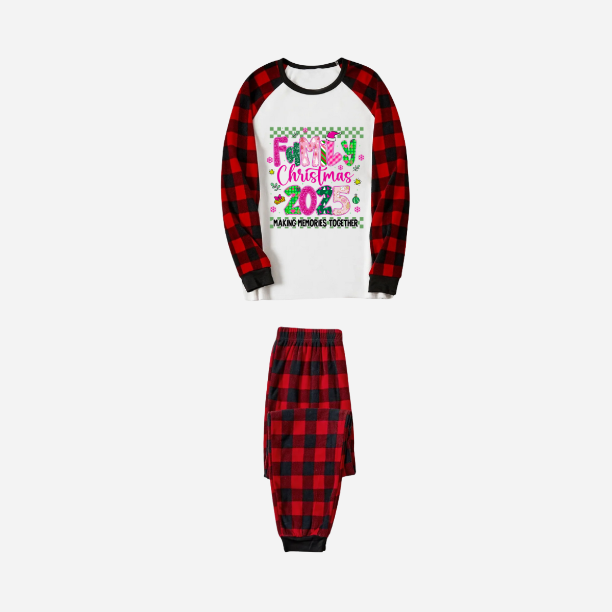 "Family Christmas 2025" Faux Glitter Black and Red Raglan Sleeves Christmas Pajamas Set
