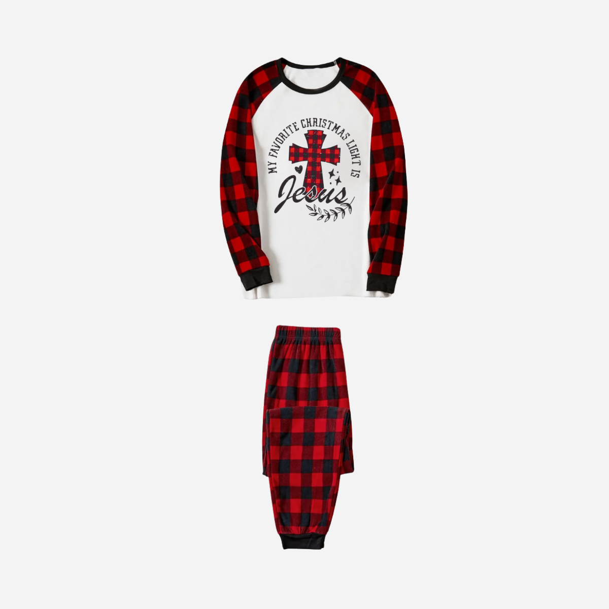 My Favorite Christmas Light Is Jesus Family Christmas Pajamas Set - White Top with Red Plaid Sleeves and Red Plaid Pants