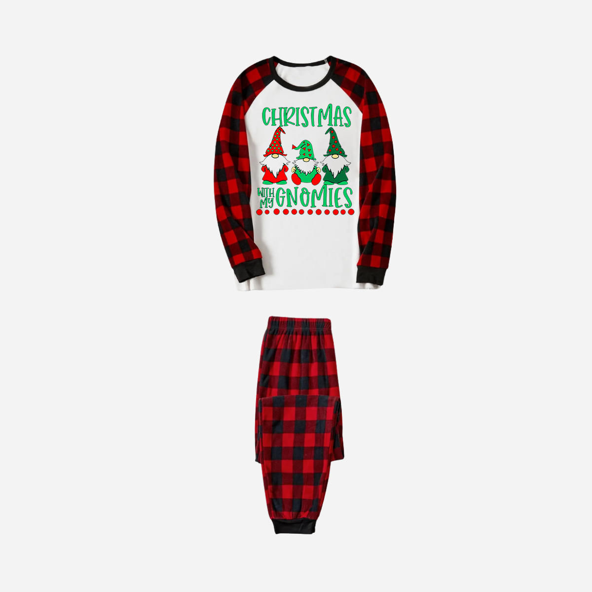 Red and Black Plaid Christmas Pajamas Set With "Christmas With My Gnomies" Text Print