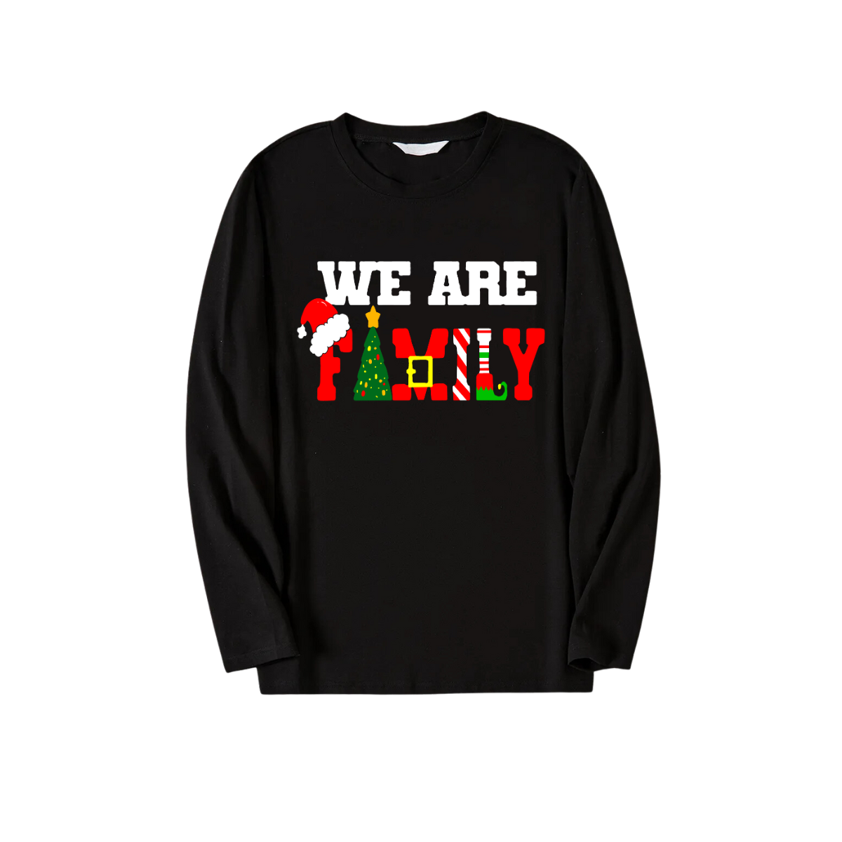 Christmas "We are Family" Text Print Black Long Sleeve Top with Red & White & Green Plaid Family Matching Pajamas