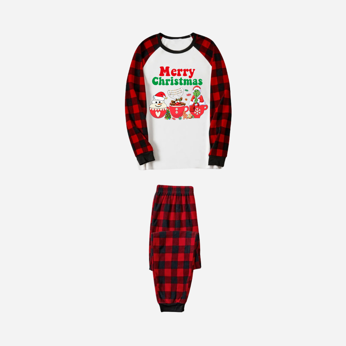 Red and Black Plaid Christmas Pajamas Set With "Merry Christmas" and Cartoon Pattern Print