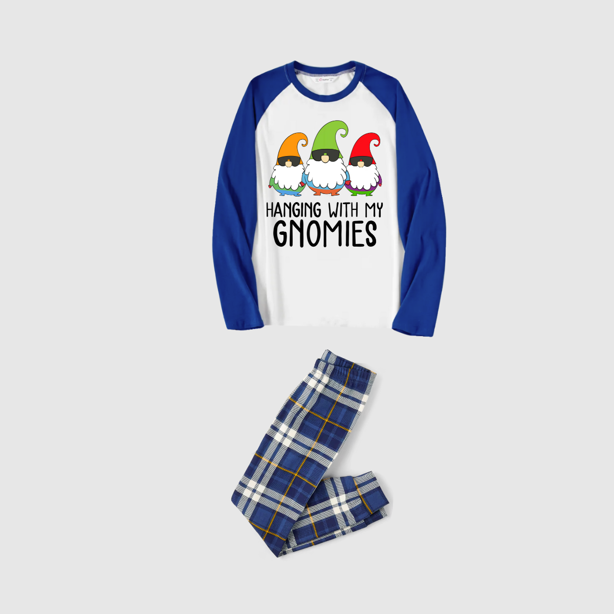 Hanging With My Gnomies Family Pajamas Set - White Top, Blue Plaid Pants, Blue Solid Sleeves, Gnomes Print
