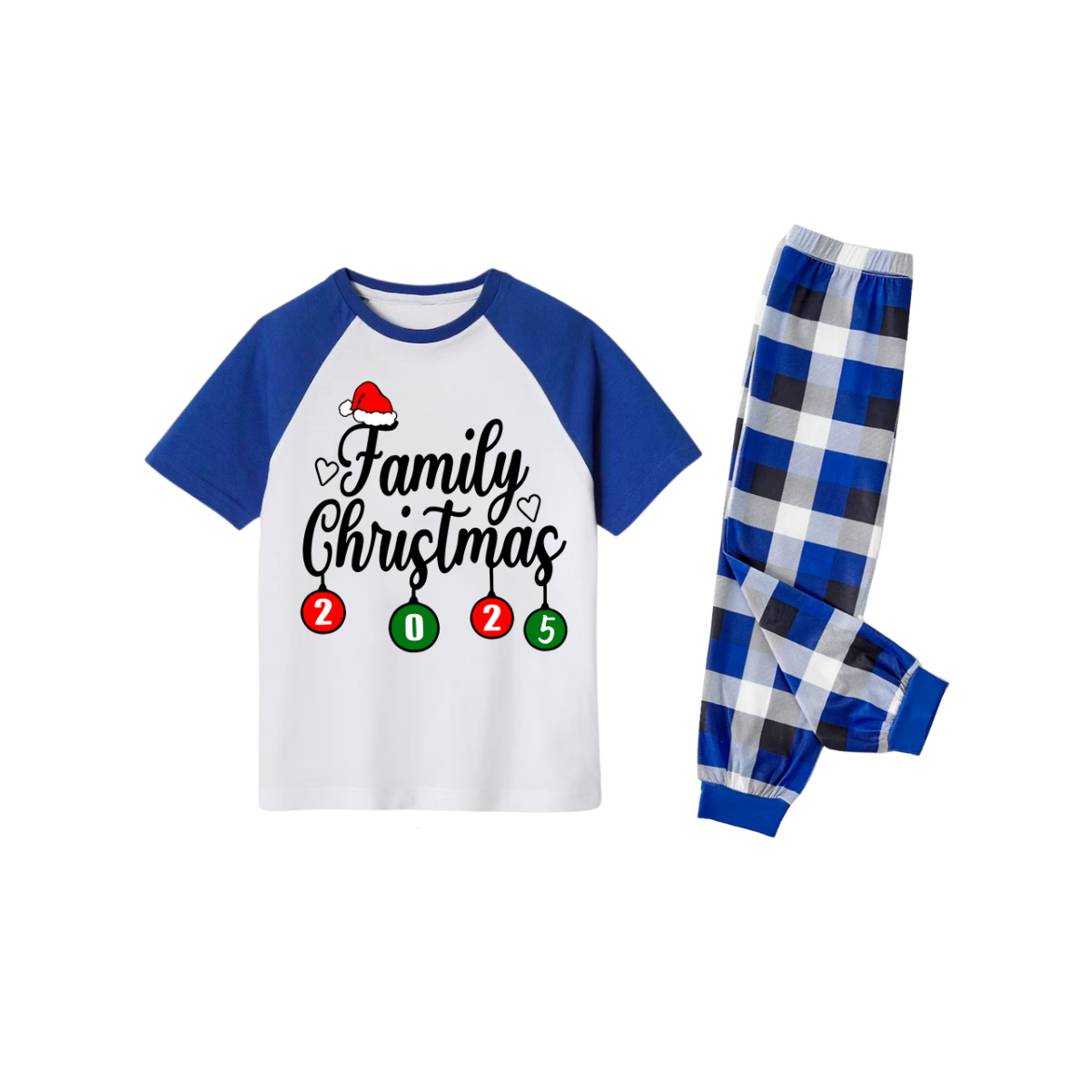 Family Christmas 2025 Family Pajamas Set - White Top Blue Sleeves Blue Plaid Pants Santa Hat and Heart Graphic