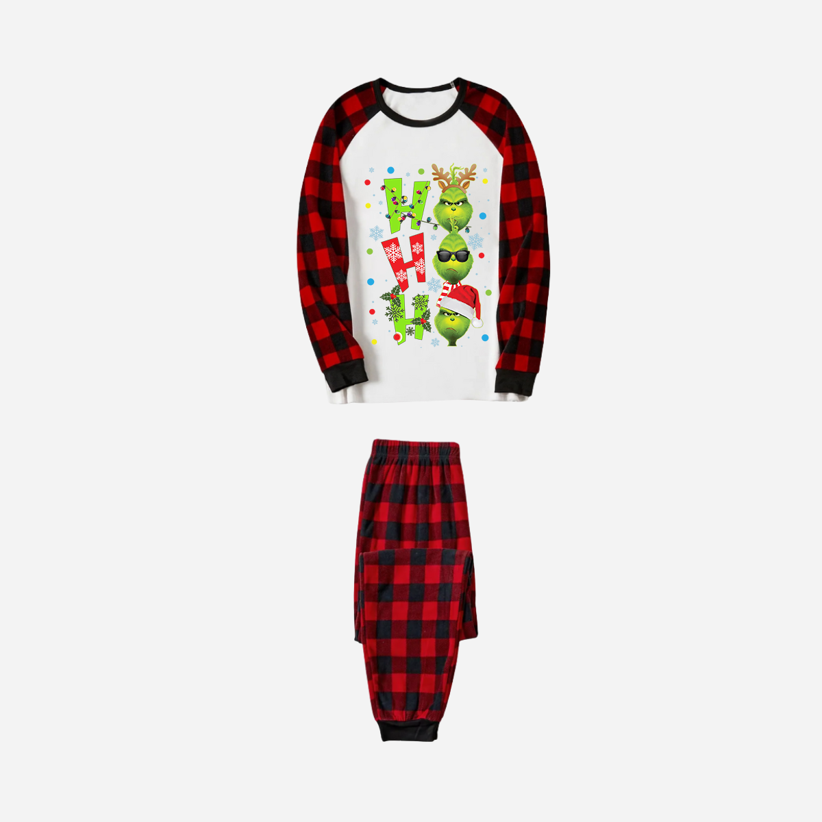 Red and Black Plaid Christmas Pajamas Set With "ho ho ho" and Christmas Grinch Print