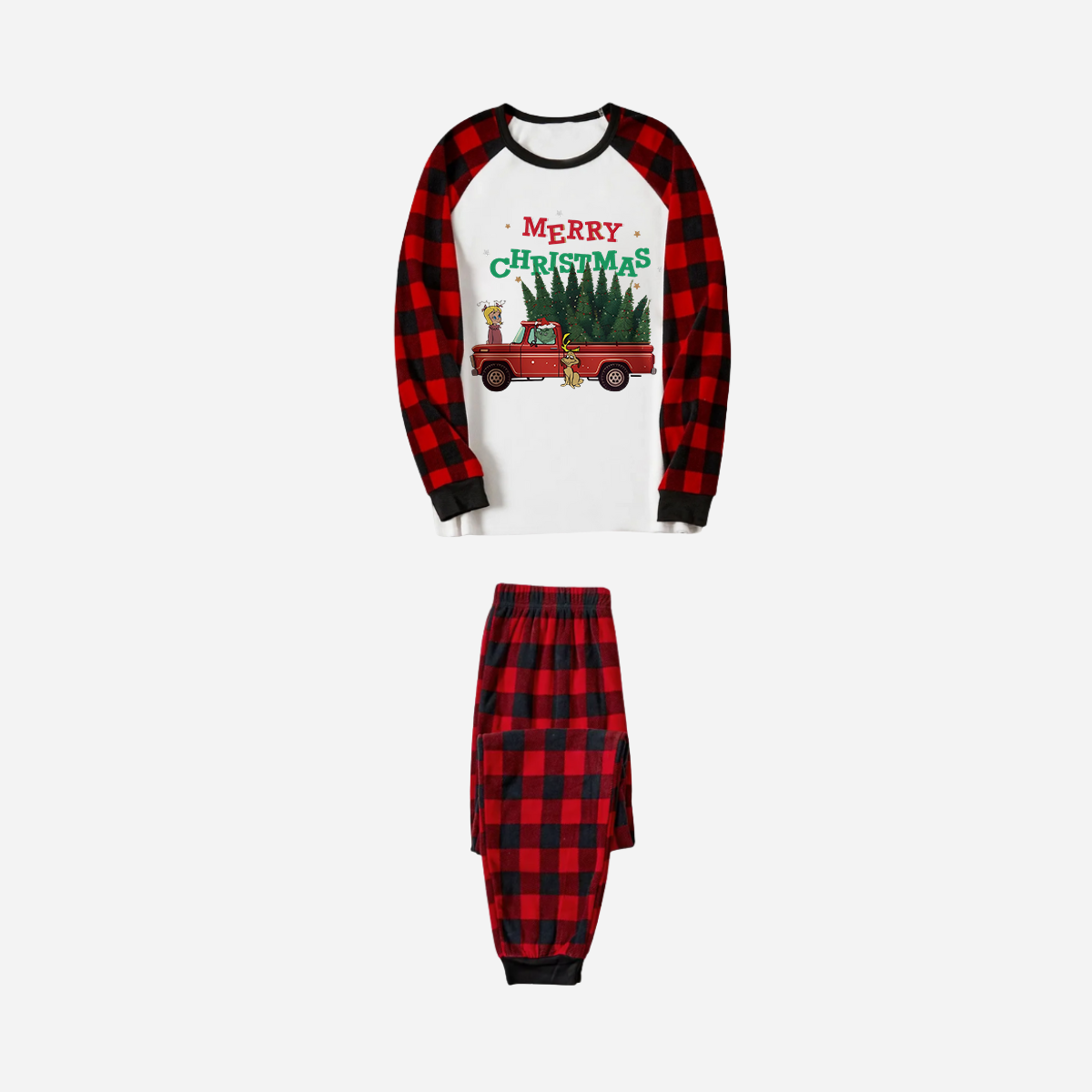 Red and Black Plaid Christmas Pajamas Set With "Merry Christmas" and Christmas Tree Print