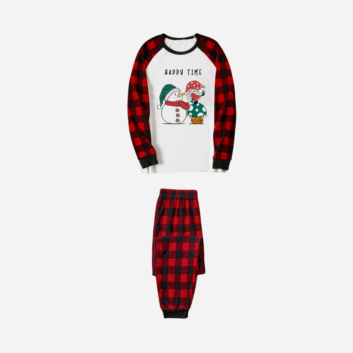 Red and Black Plaid Christmas Pajamas Set With Snowman and Gnome and "Happy Time" Text Print