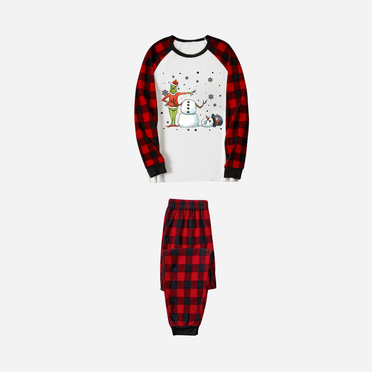 Red and Black Plaid Christmas Pajamas Set With Snowman and Christmas Grinch Print