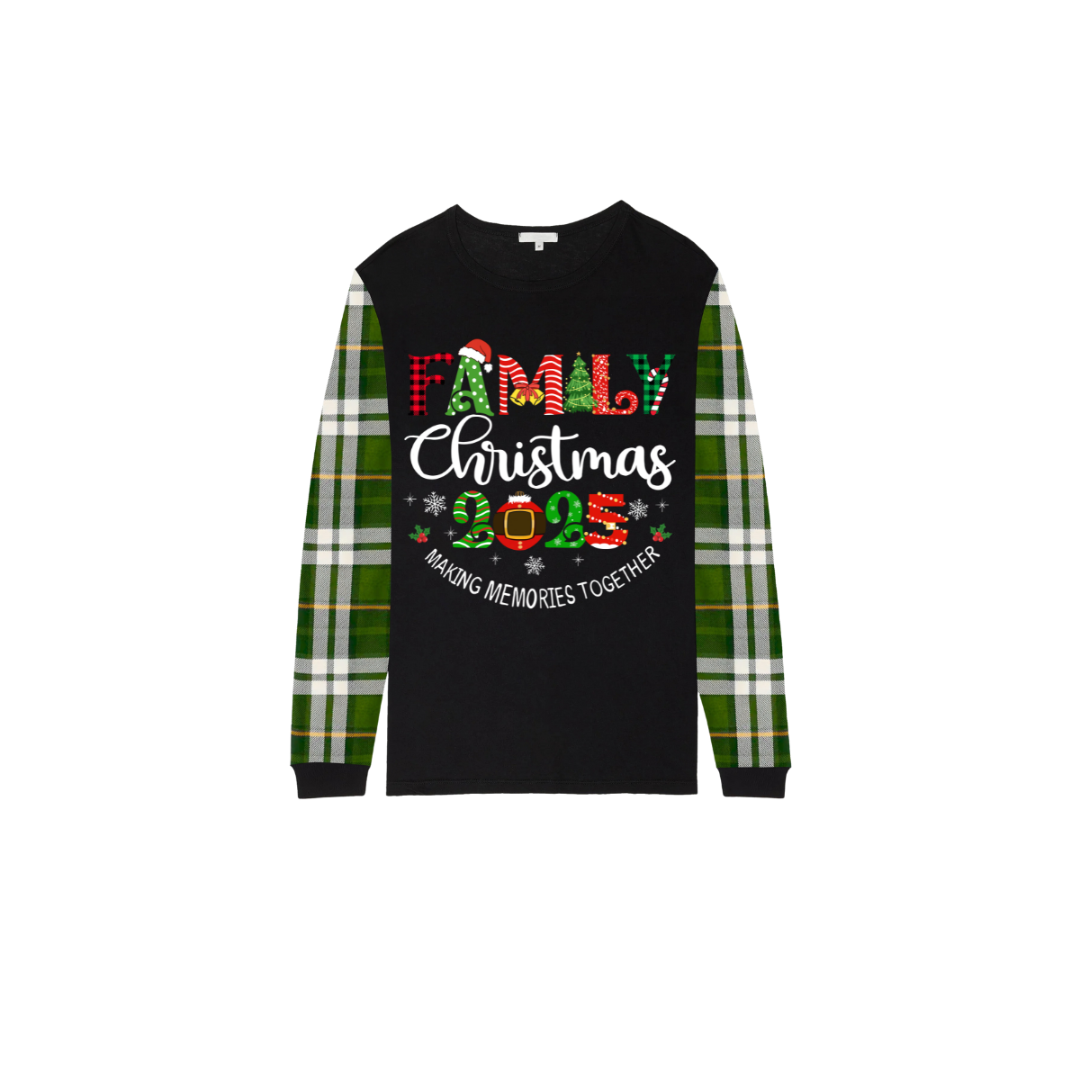 Family Christmas 2025 Making Memories Family Pajamas Set - Black Top, Green Pants, Green Plaid Sleeves