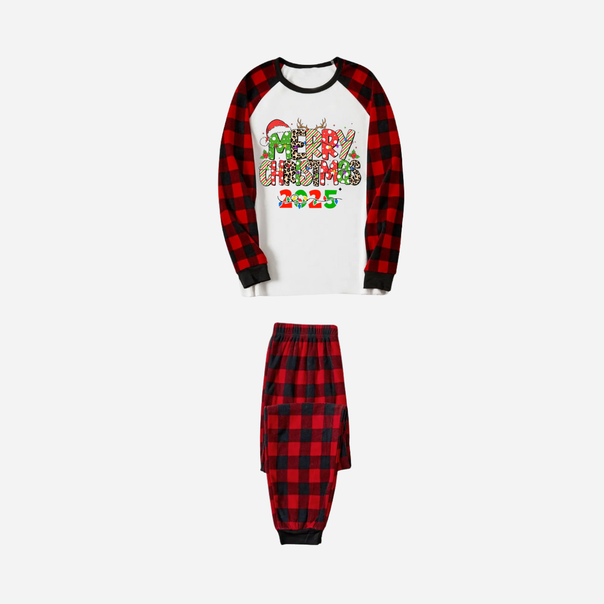Merry Christmas 2025 Family Christmas Pajamas Set - White Top with Red Plaid Sleeves and Red Plaid Pants