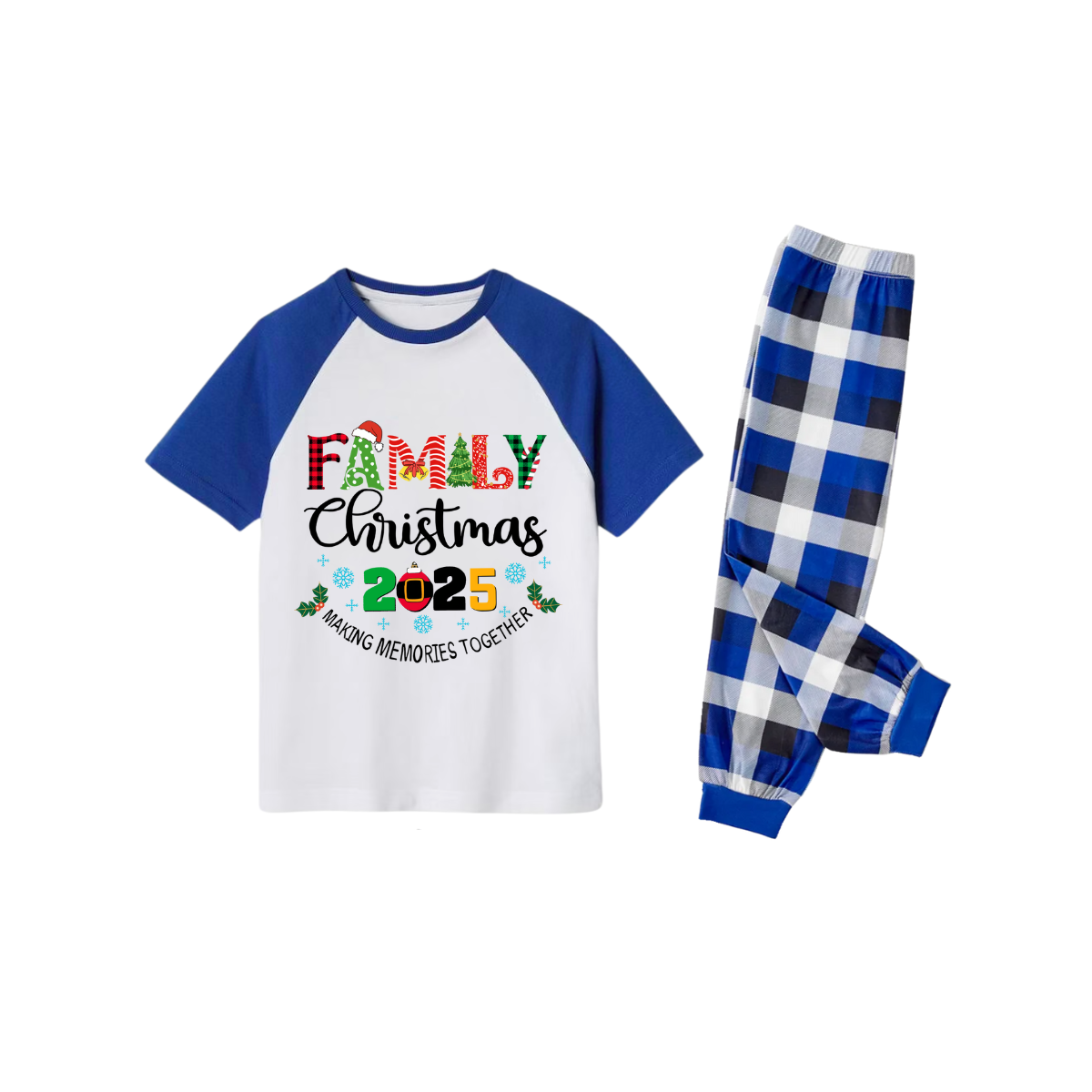 Family Christmas 2025 Making Memories Together Pajamas Set - White Top Blue Sleeves Blue Plaid Pants Multi-Color Text Graphic