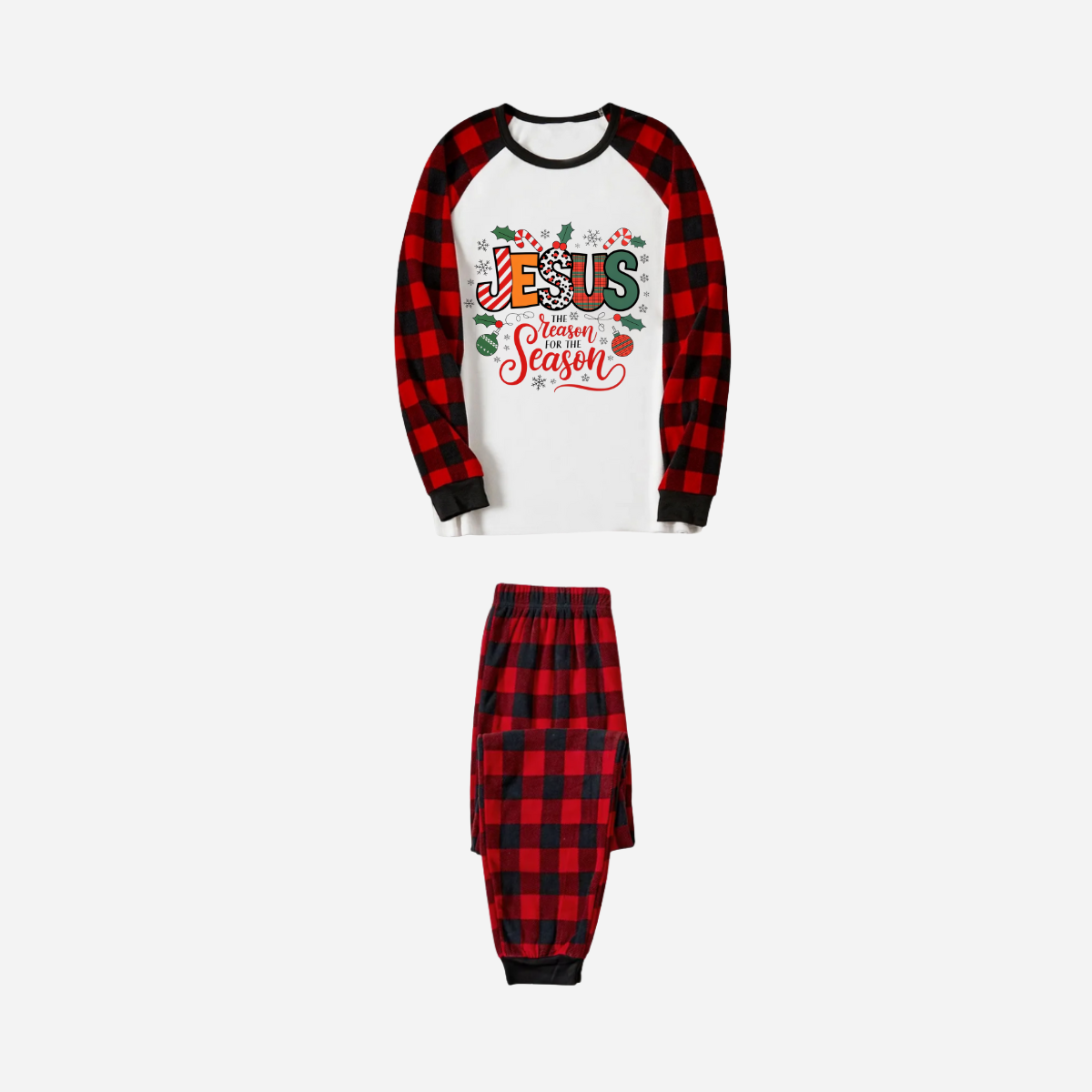 "Jesus is the REASON for the Season" Matching Christmas Pajamas Set - Black and Red Plaid Pajamas