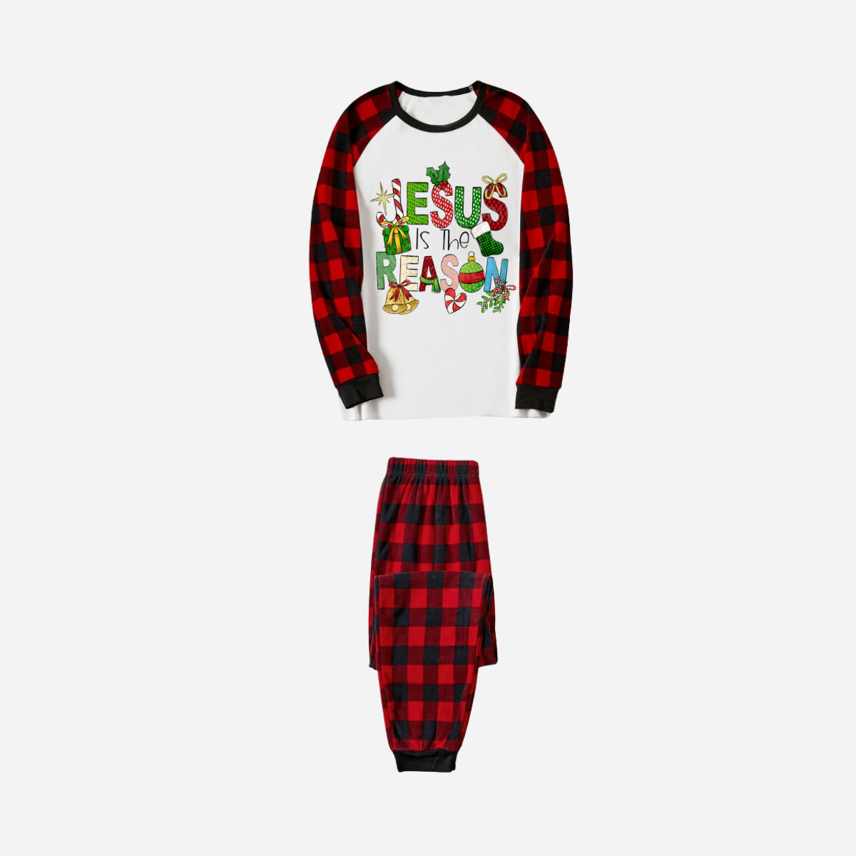 Christmas Cartoon Family Christmas Pajamas Set - White Top with Red Plaid Sleeves and Red Plaid Pants and “Jesus is the Reason” Design