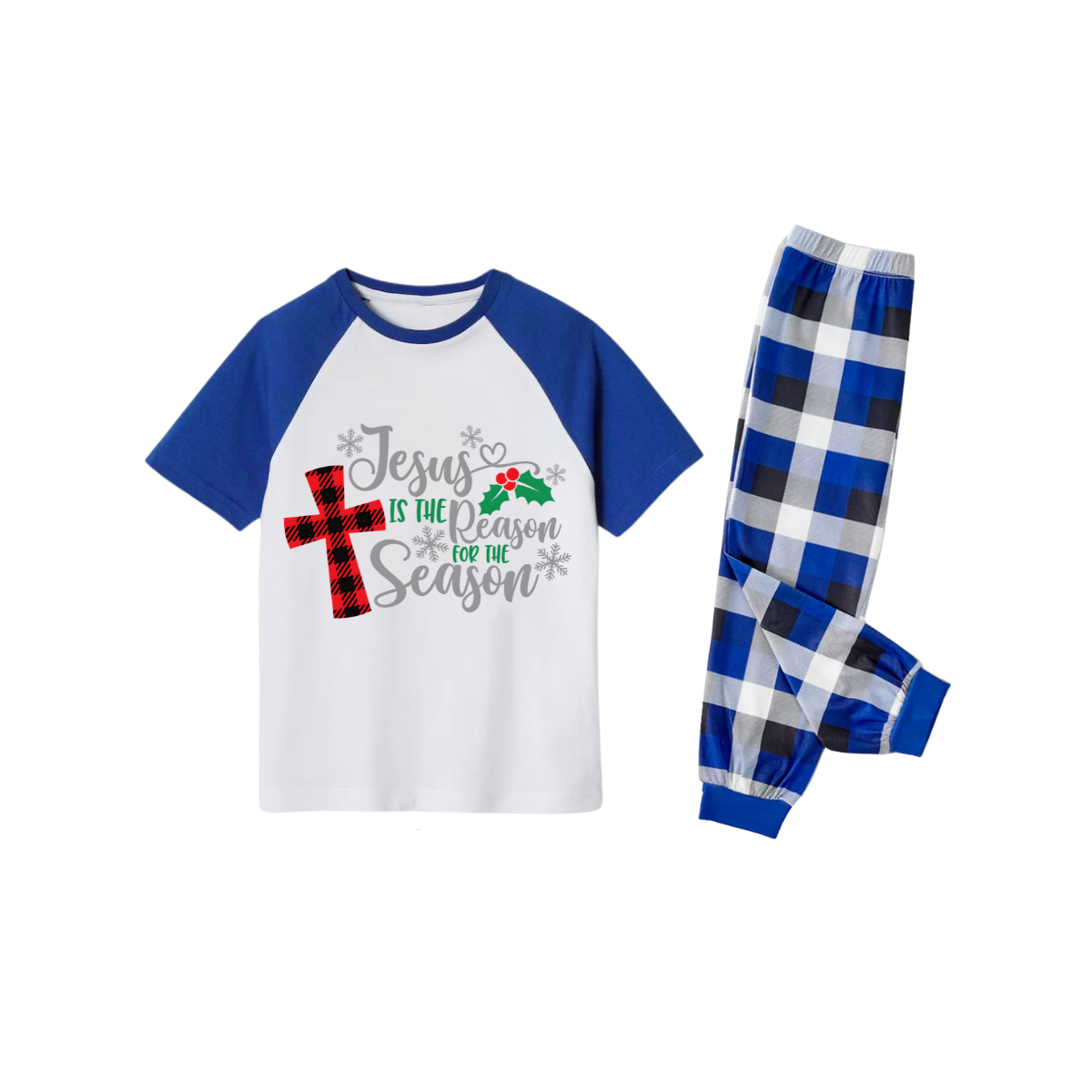 Jesus is the Reason Family Christmas Pajamas Set - White Top, Blue Plaid Pants, Blue Sleeves, Red Plaid Cross and Holly Print