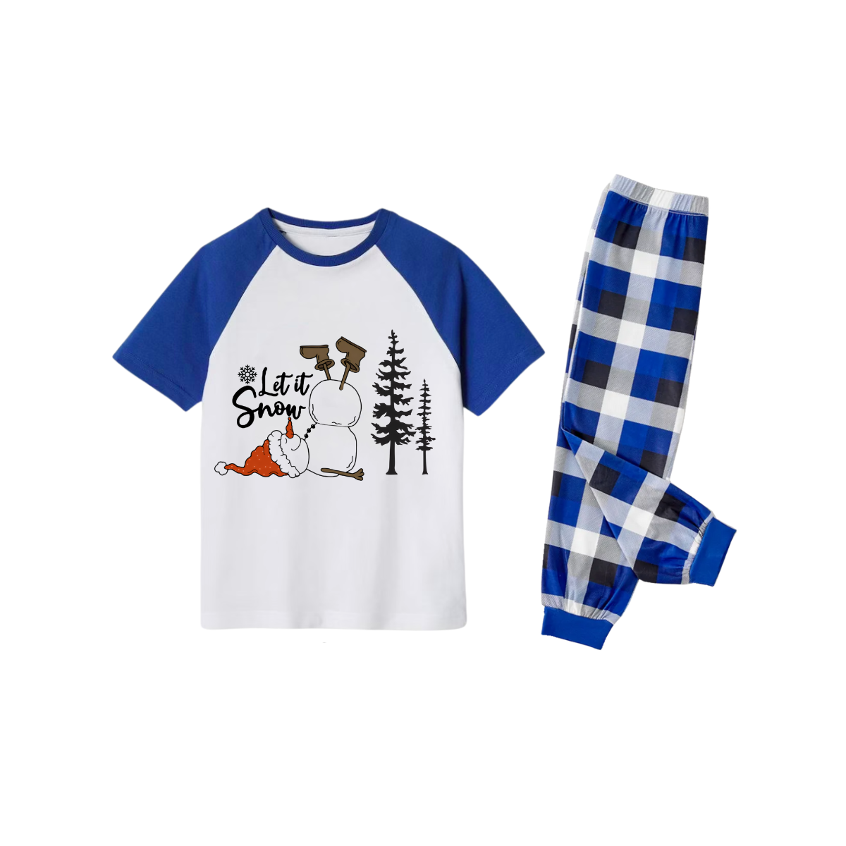 Let It Snow Family Pajamas Set - White Top Blue Sleeves Blue Plaid Pants Christmas Snowman Graphic