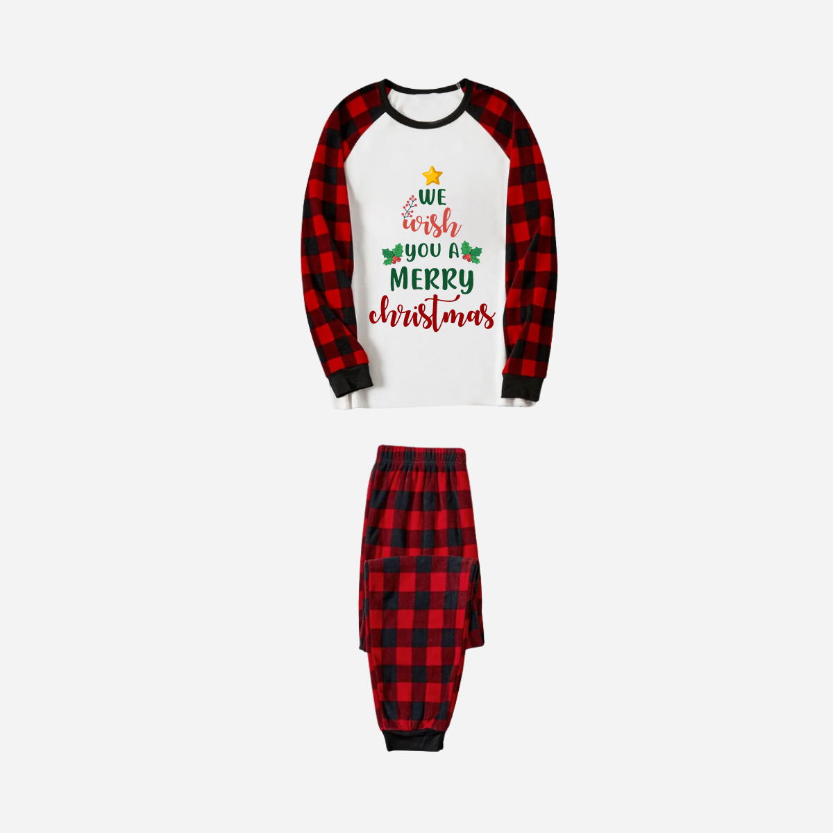 Red and Black Plaid Christmas Pajamas Set With "We Wish You a Merry Christmas" Text Print