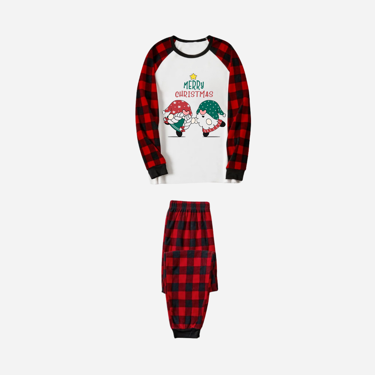 Red and Black Plaid Christmas Pajamas Set With Gnome and Merry Christmas Text Print