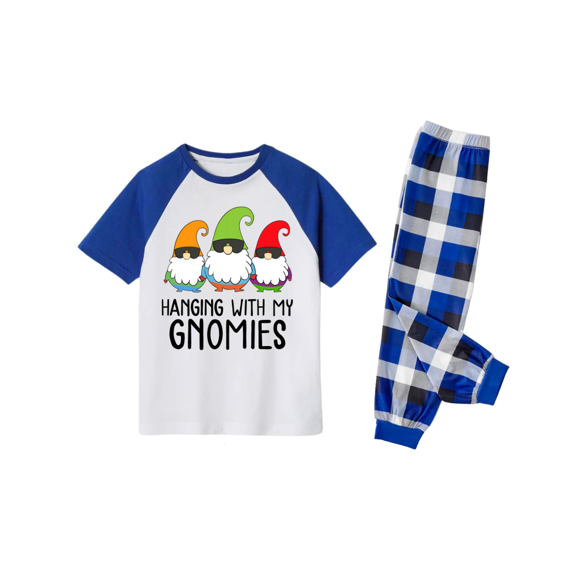 Hanging With My Gnomies Family Pajamas Set - White Top Blue Sleeves Blue Plaid Pants Colorful Gnomes Graphic